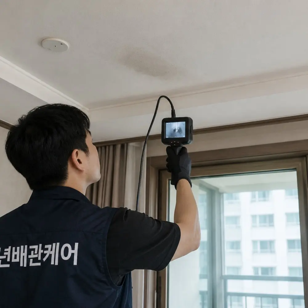 아파트 천장 누수 의심 부위를 관로내시경 카메라로 확인하는 누수탐지 작업