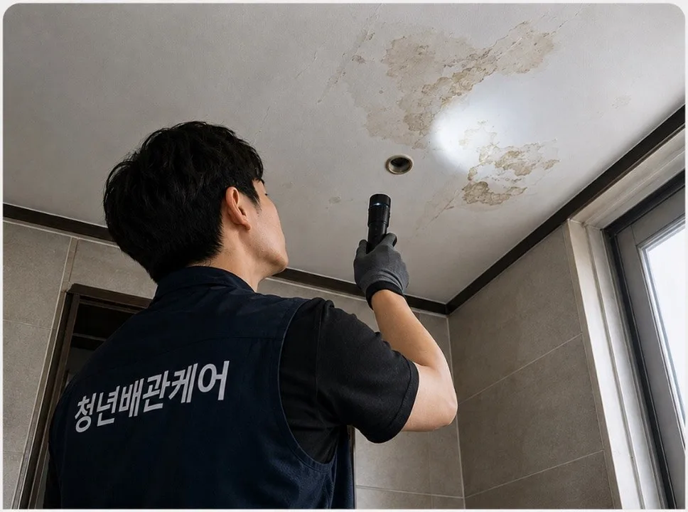 욕실 천장에 번진 누수 얼룩을 손전등으로 비춰 경계와 젖은 정도를 살피는 천장누수 점검 현장