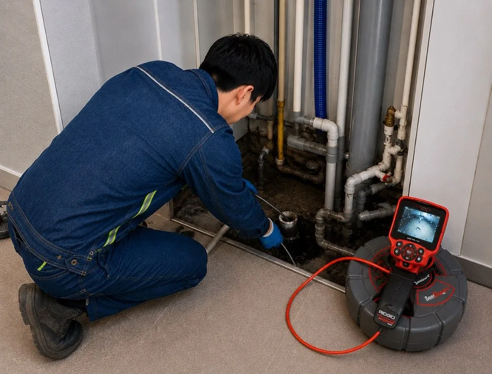 RIDGID 관로내시경(CCTV)으로 바닥 배관 내부를 촬영하는 청년하수구해결사 현장