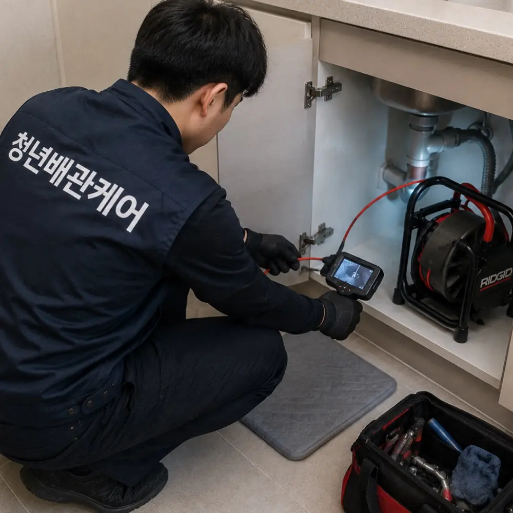싱크대 하부 배수관에 관로내시경을 넣어 기름때 막힘을 확인하는 작업